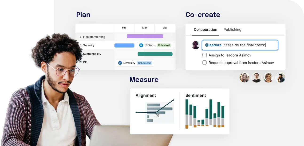 A person using a laptop with a dashboard displaying planning, collaboration, and measurement tools, including charts and task assignments.