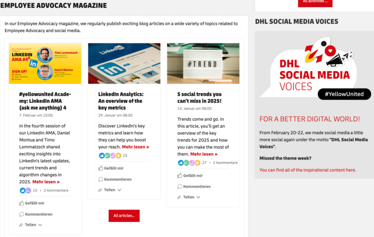 Screenshot of the "Employee Advocacy Magazine" section on the DHL Group’s internal platform. It displays three article previews:  #yellowunited Academy: LinkedIn AMA (ask me anything) 4 – scheduled for February 7 at 10:00, featuring Timo Lommatzsch and Daniel Montua.  LinkedIn Analytics: An overview of the key metrics – published on January 29 at 08:30, explaining how to boost reach via LinkedIn analytics.  5 social trends you can’t miss in 2025! – published on January 14 at 08:00, discussing upcoming social media trends.  On the right, there’s a section titled “DHL SOCIAL MEDIA VOICES” with the campaign hashtag #YellowUnited and a call to explore the "DHL Social Media Voices" initiative held from February 20–22.