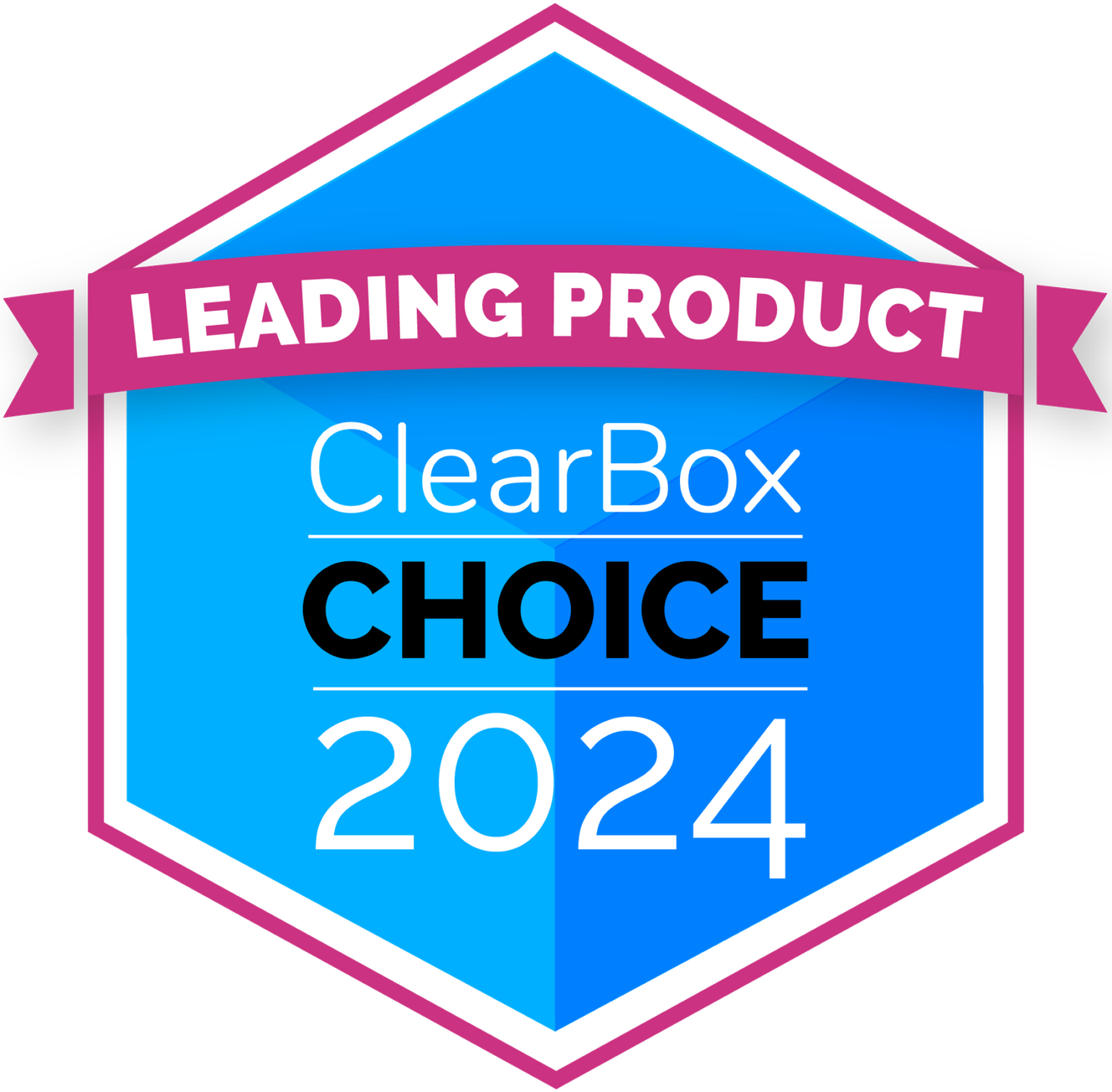 Badge with text: "Leading Product, ClearBox Choice 2024." Blue and pink geometric design with a ribbon at the top.