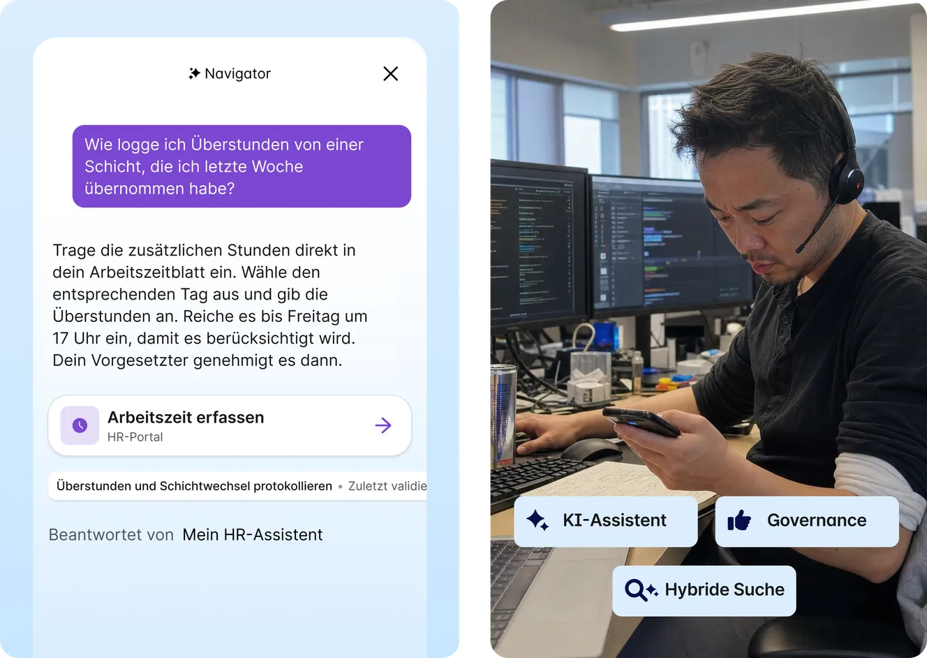 Staffbase Navigator-KI-Assistent beantwortet Frage zur Überstundenerfassung mit Link zum HR-Portal; daneben ein Mann mit Headset am Schreibtisch mit Smartphone, mit Zugriff auf KI-Assistent, AI Trust Hub und Hybrid-Suche