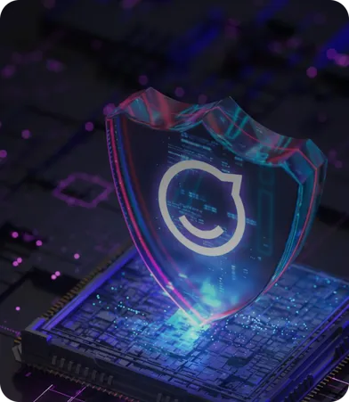 A glowing digital shield with a Staffbase insignia stands on a circuit board, symbolizing tech security and protection.