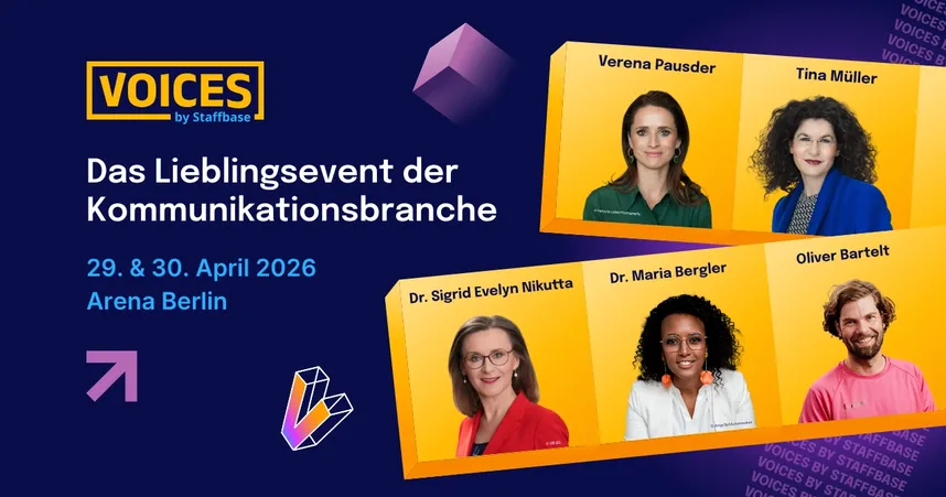 Promotional image for "VOICES by Staffbase" event in Berlin, April 29-30, 2026, featuring speakers Verena Pausder, Tina Müller, and others.