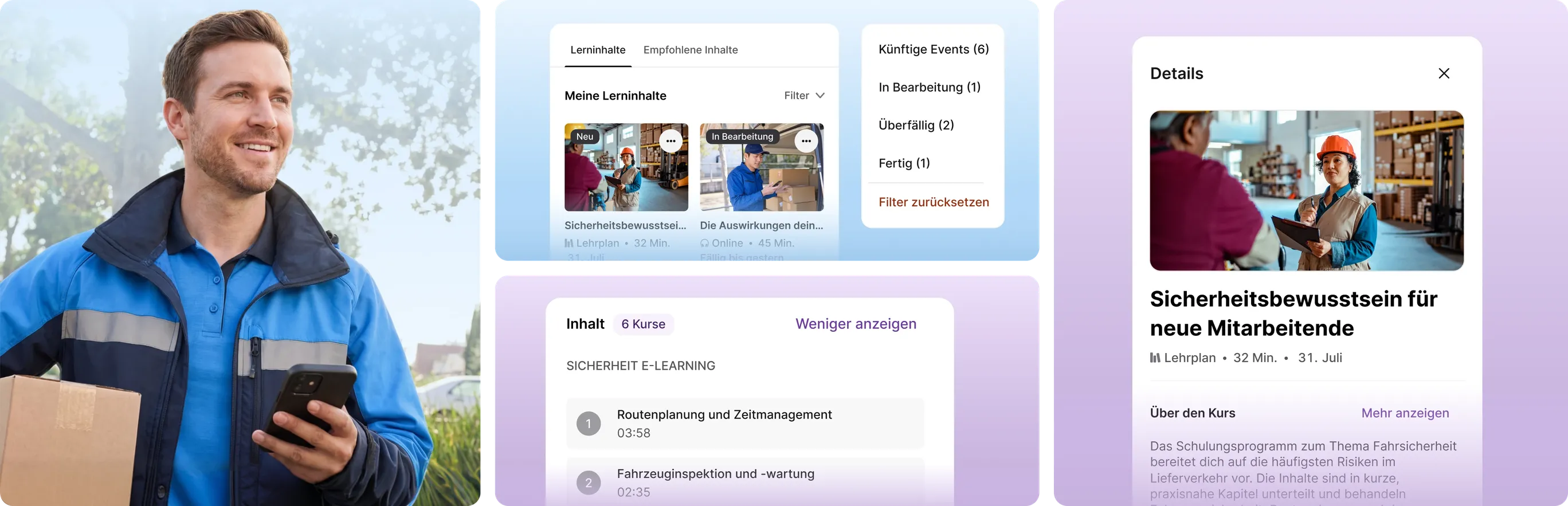 Worker mit Paket und Handy vor einer Kursliste wie ‚Safety-Check für neue Leute‘