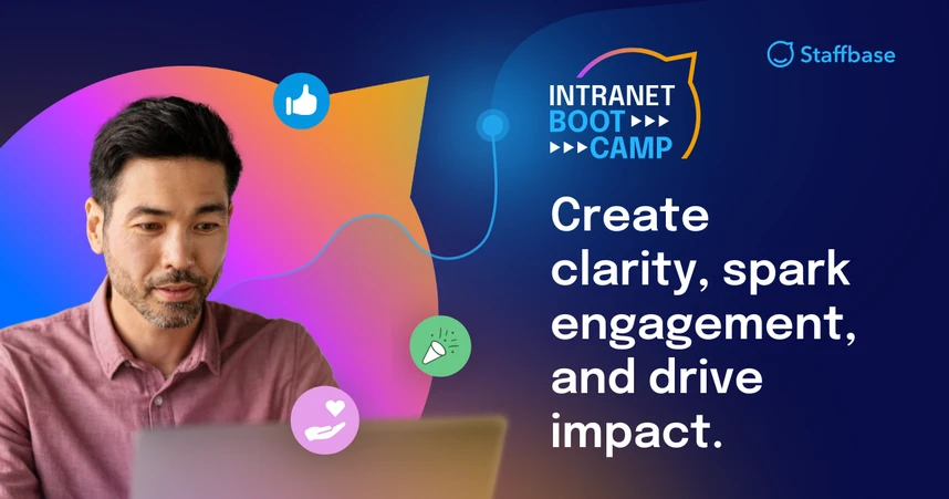 Man at laptop with colorful graphics, including a thumbs-up, heart, and megaphone, alongside text: "Create clarity, spark engagement, and drive impact."