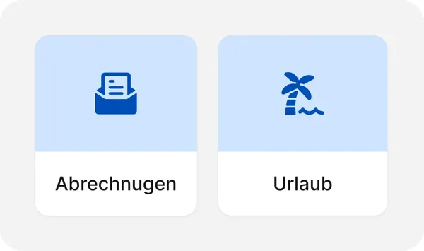 Symbole für „Gehaltsabrechnungen“ und „Urlaub“ auf hellblauem Hintergrund; Umschlag mit Dokument für Gehaltsabrechnungen, Palme und Wellen für Urlaub.
