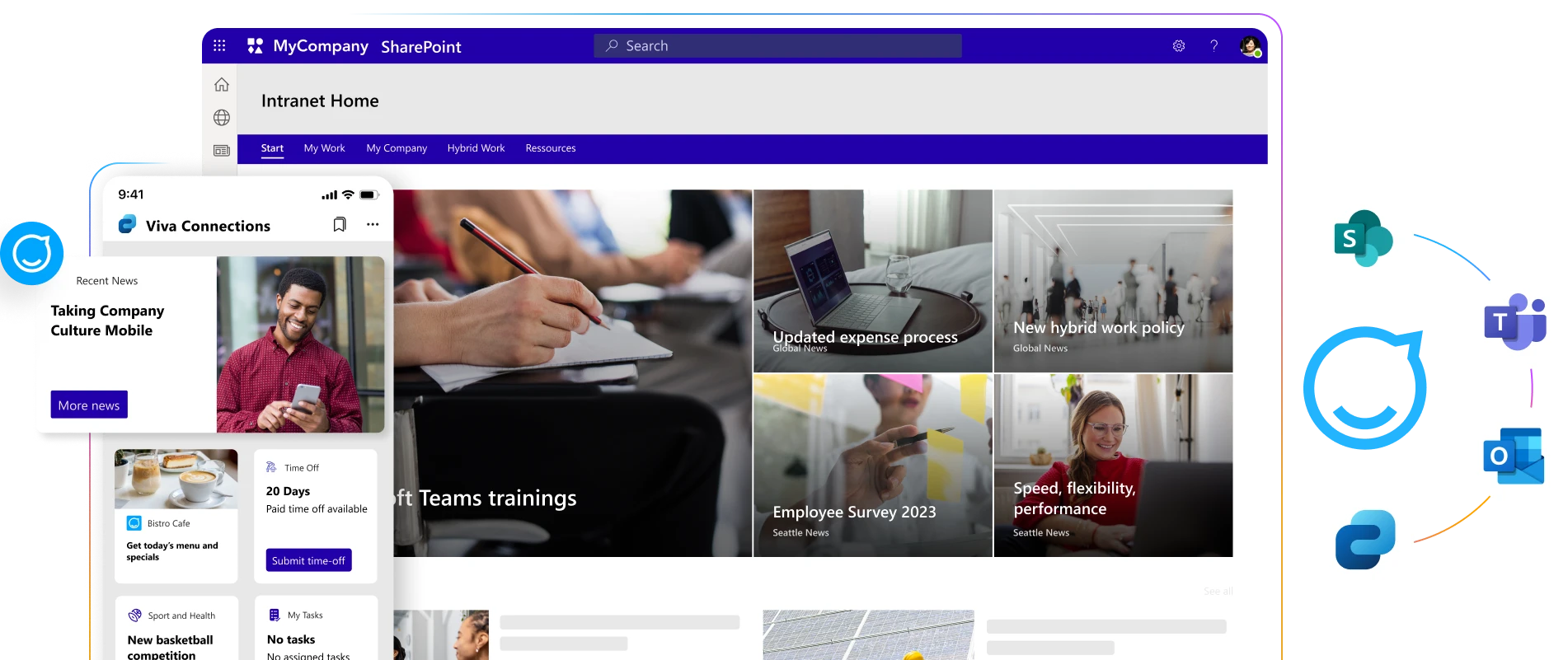 A SharePoint intranet homepage displaying news articles, a Teams training section, and a Viva Connections sidebar with recent news.
