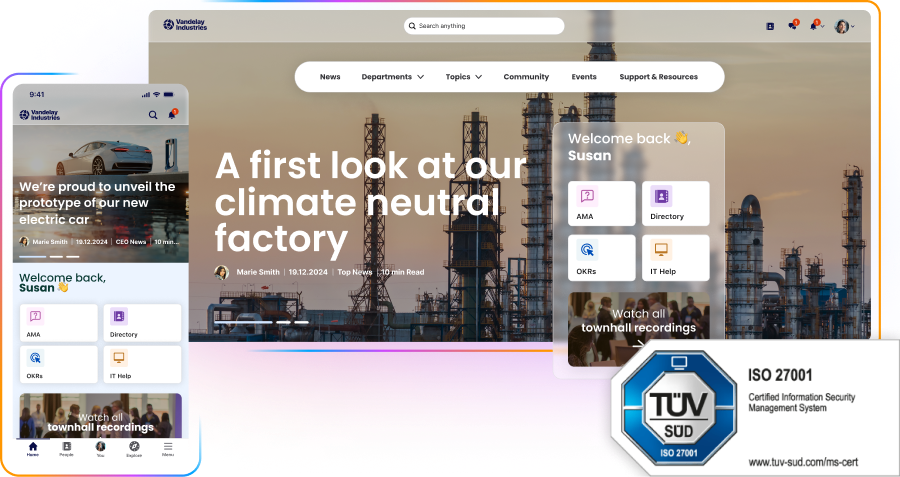 Mobile and desktop screens showing a company website with a factory background, navigation menu, and ISO 27001 certification badge.