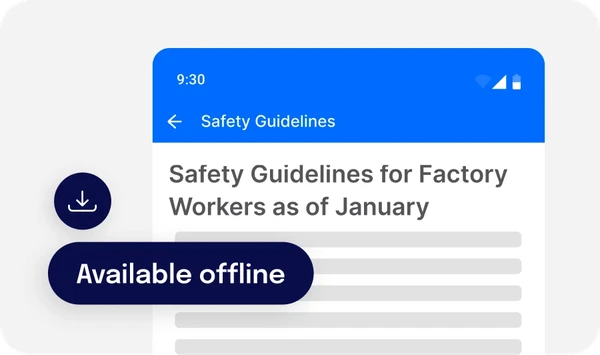 Mobile screen displaying "Safety Guidelines for Factory Workers as of January" with a download icon and "Available offline" label.