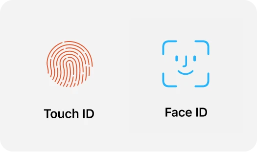 Touch ID icon with a fingerprint and Face ID icon with a smiling face outline, side by side on a white background.