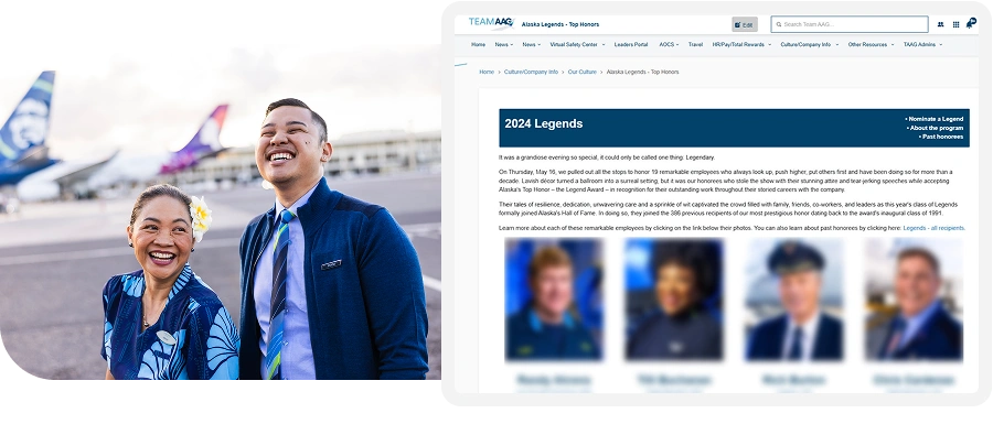 Two smiling airline employees in uniform stand outside near a plane. A webpage titled "2024 Legends" with blurred images is visible on the right.