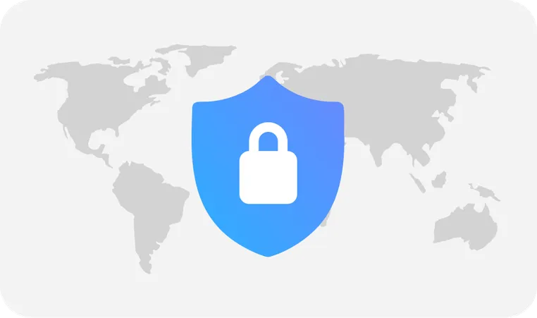 Blue shield with a padlock icon overlaying a gray world map, symbolizing global security and protection.