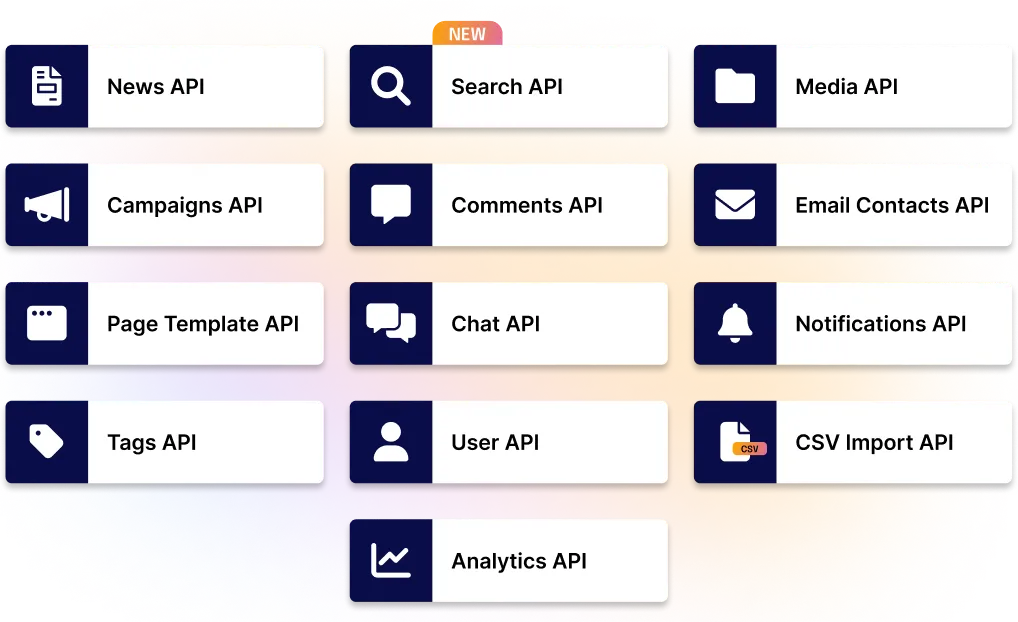 Grid of API options on a colorful background, including News, Search, Media, and more, with "Search API" marked as new.