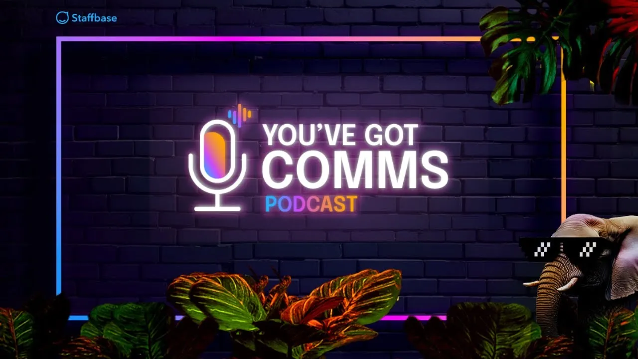 Neon sign reading "You've Got Comms Podcast" with a colorful microphone icon. An elephant with pixelated sunglasses is in the corner.