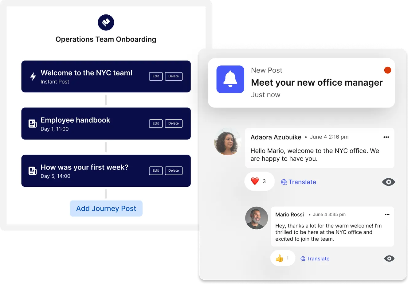 Onboarding workflow and social media post with comments, welcoming a new office manager to the NYC team.