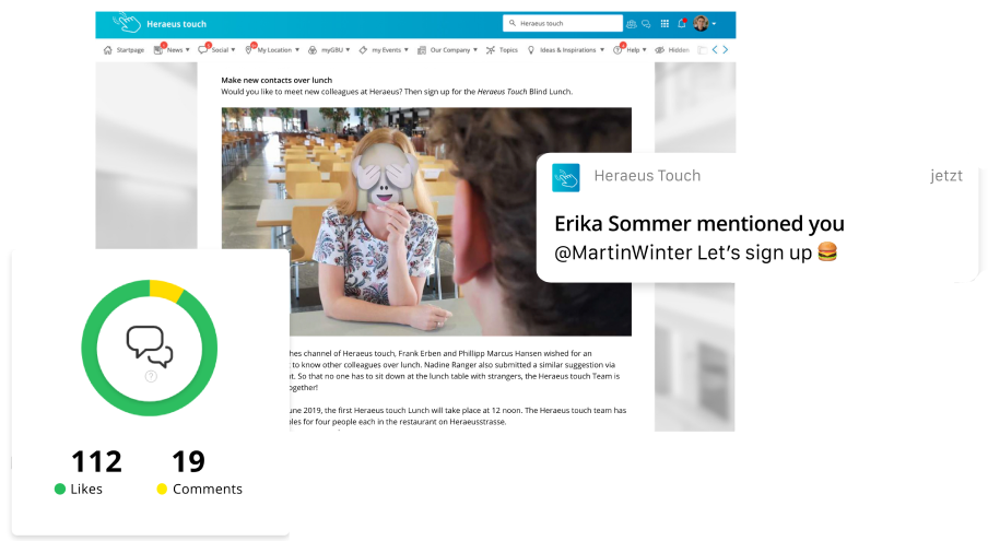 A person wearing a mask sits at a table in a cafeteria. A notification shows a message about signing up, with 112 likes and 19 comments.