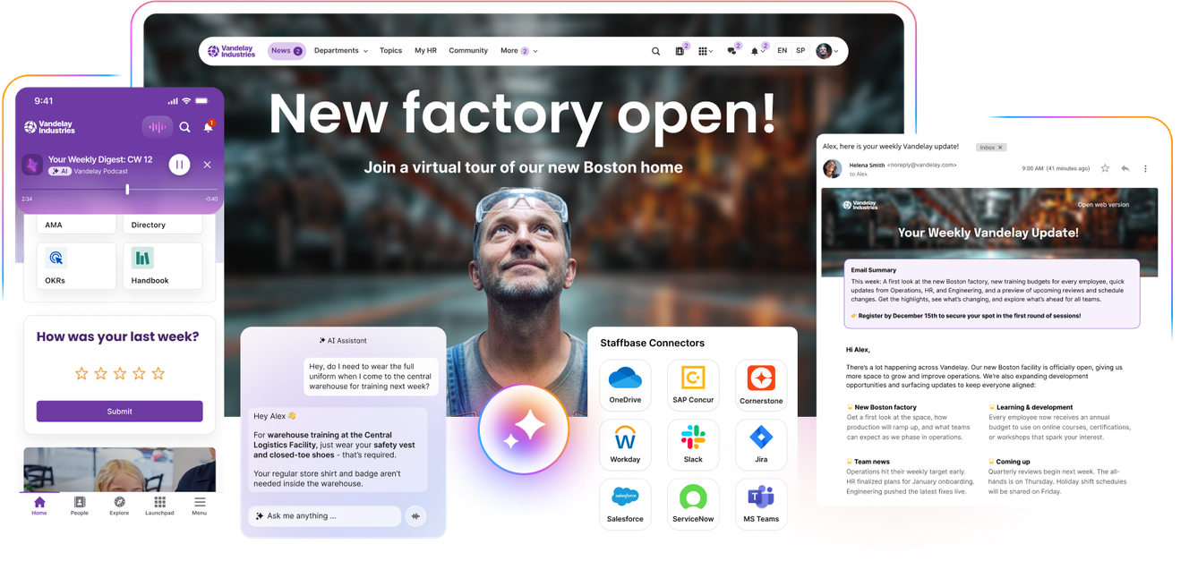 Collage of digital interfaces showcasing a factory opening announcement, a man looking up, app icons, and a newsletter update.