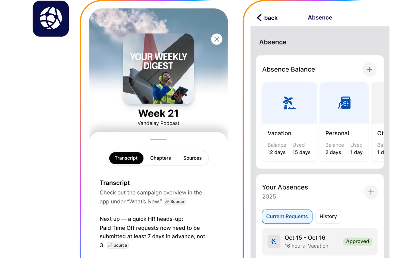 Two smartphone screens displaying a podcast app with transcript and absence management sections, including vacation and personal balance details.