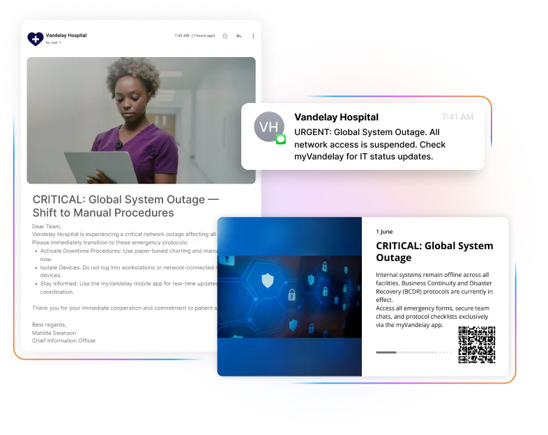 Email and digital alerts from Vandelay Hospital notifying staff of a critical global system outage and the shift to manual procedures.