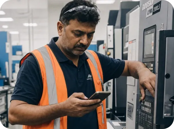 A frontline manufacturing worker in an orange high-visibility vest and safety goggles checks his smartphone while operating a CNC machine on the shop floor — representing how Staffbase reaches employees who don't sit at a desk