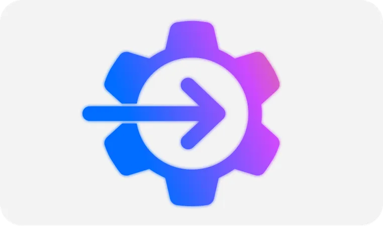 Gradient gear icon with an arrow pointing right.