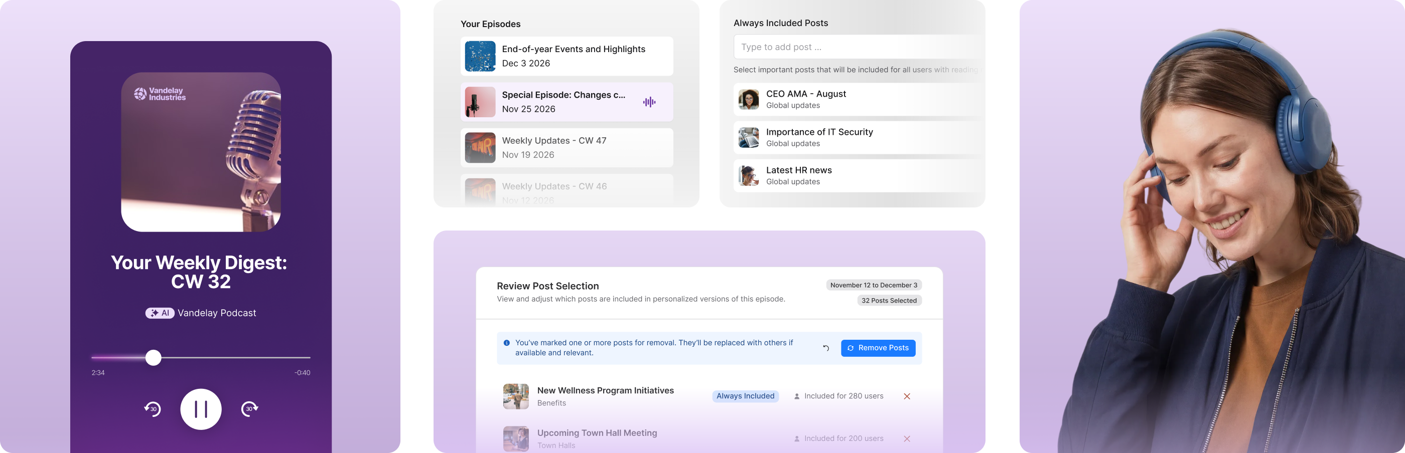 Alt text: Collage of a podcast player, app interface screenshots, and a woman wearing headphones smiling.