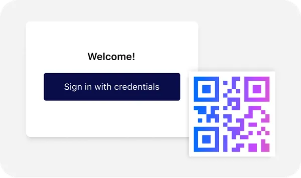 "Welcome screen with 'Sign in with credentials' button and a colorful QR code."