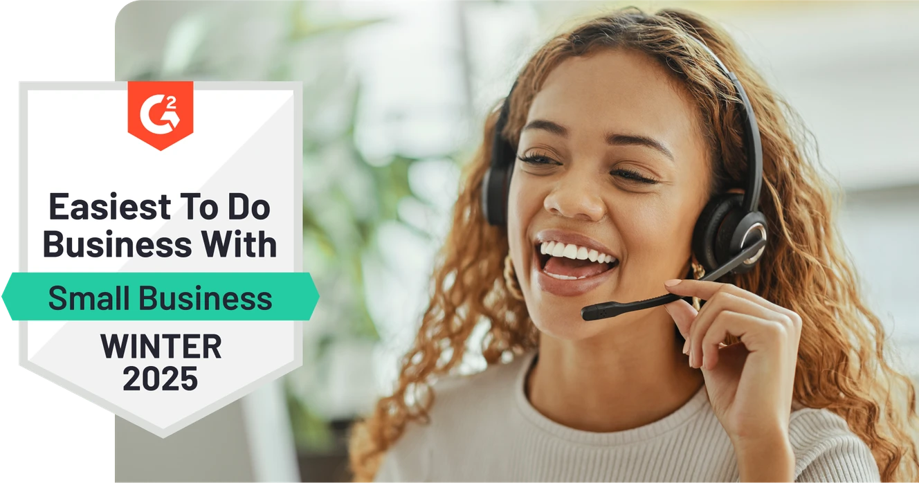 Smiling woman with a headset next to a G2 award badge for "Easiest To Do Business With, Small Business, Winter 2025."