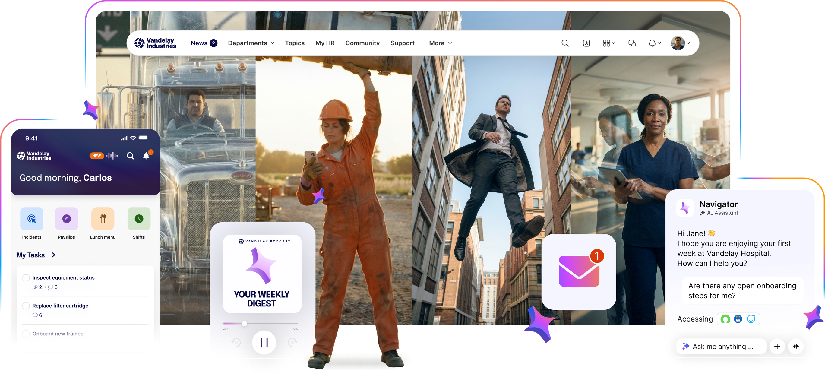 A collage of diverse team members on-screen with digital app elements, including messages, notifications, and task lists.