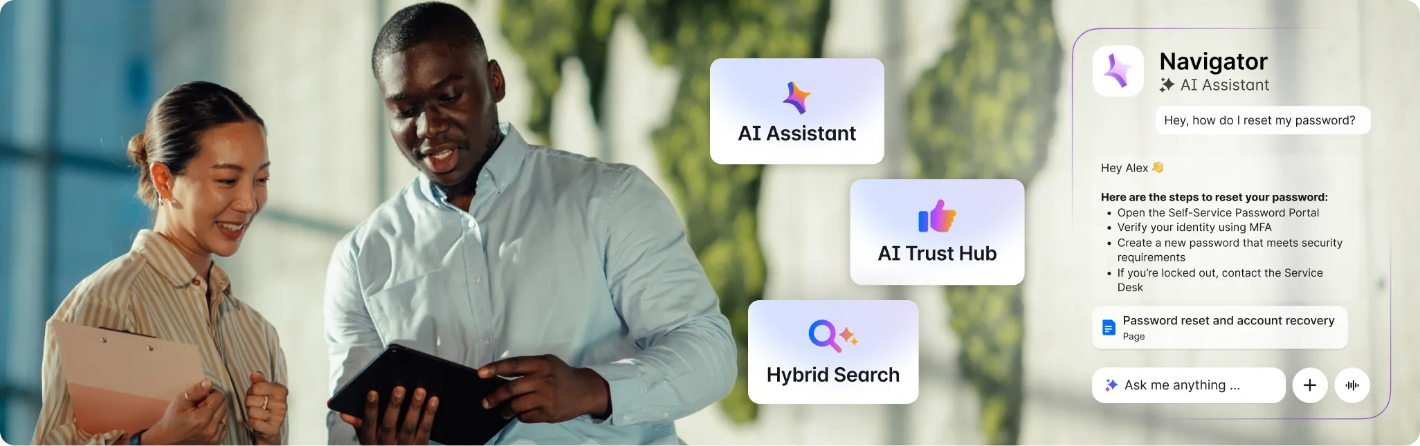 Two colleagues using a tablet, with icons for AI Assistant, AI Trust Hub, and Hybrid Search. A chat interface shows a password reset conversation.