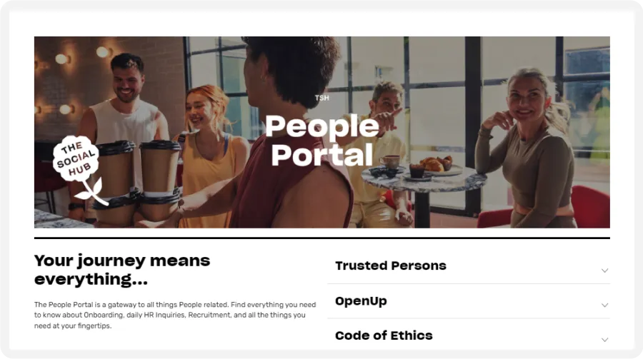 People socializing with drinks at a modern cafe. Text: "The Social Hub People Portal" with menu options below.