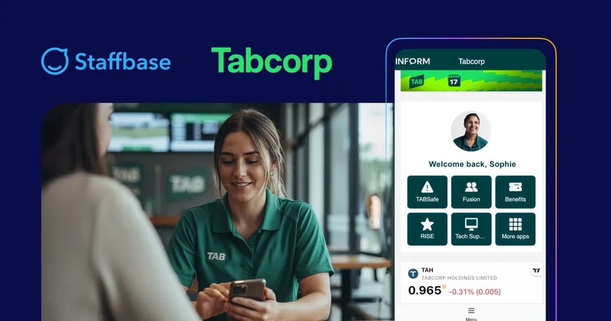 A promotional graphic featuring the Staffbase and Tabcorp logos next to a woman in a green TAB polo shirt using a smartphone. A mobile screen overlay shows a personalized dashboard for "Sophie."