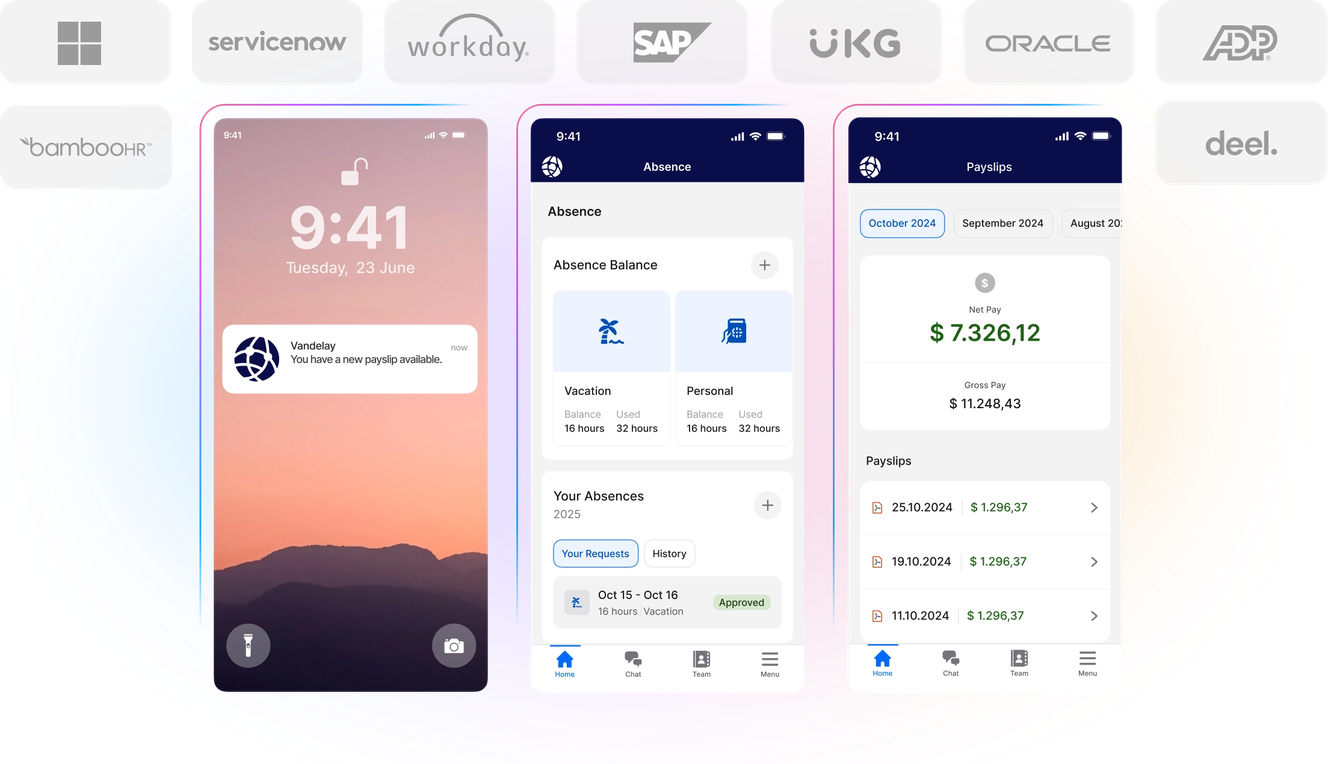Mobile app interface showing a lock screen, absence balance, and payslip details, with company logos above and a colorful background.