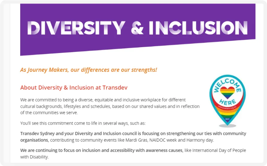 Text promoting diversity and inclusion at Transdev, highlighting commitment to equality and community engagement, with a "Welcome Here" heart logo.