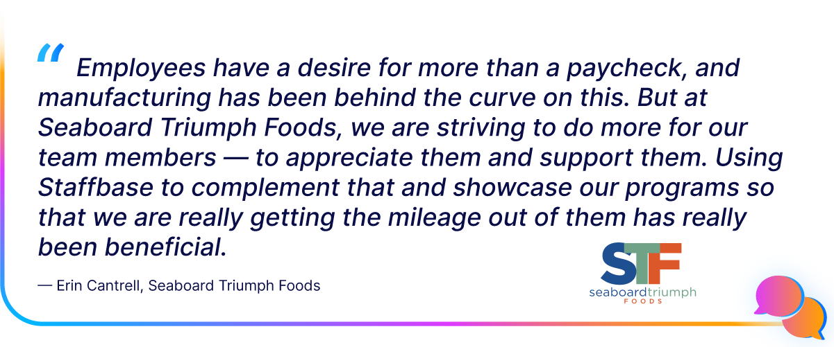 Quote about employee appreciation and support from Erin Cantrell at Seaboard Triumph Foods, with company logo at the bottom right.