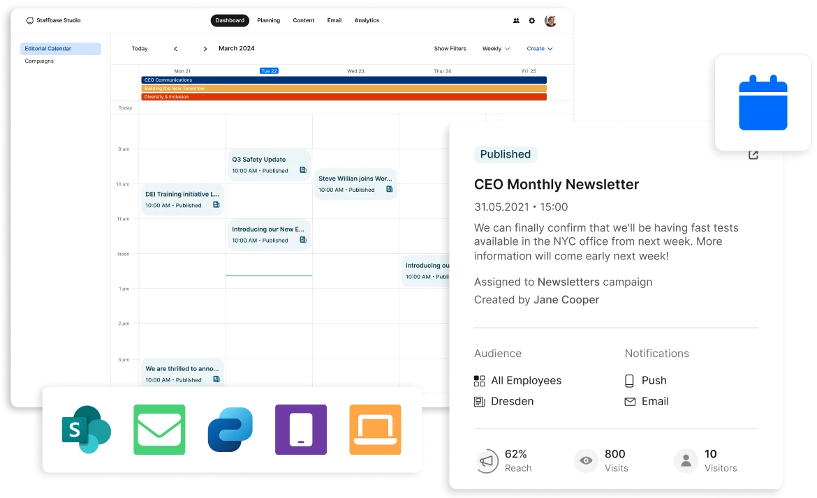 A digital calendar interface showing scheduled events, with icons for email, chat, and notifications. A published newsletter details are highlighted.
