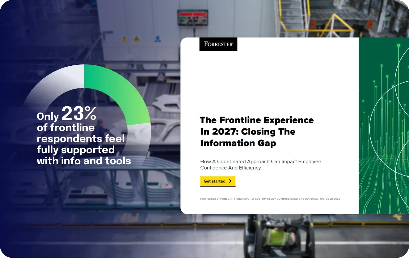 Cover of the Forrester Opportunity Snapshot “The Frontline Experience in 2027: Closing the Information Gap”, above photos of three frontline workers.
