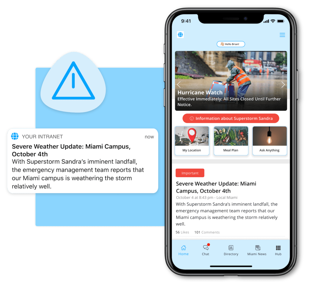 Example of employee crisis communication with a severe weather alert from an employee app.