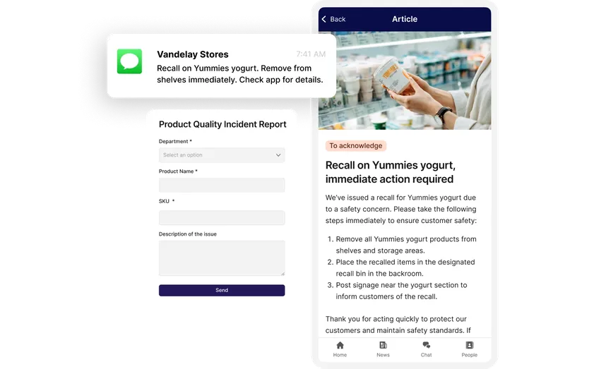 The image shows a notification, a form, and an article related to a product recall. The notification from