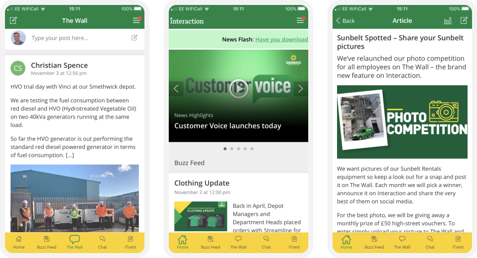 Three mobile app screens showing a news feed, customer voice launch, and a photo competition announcement with green and yellow accents.