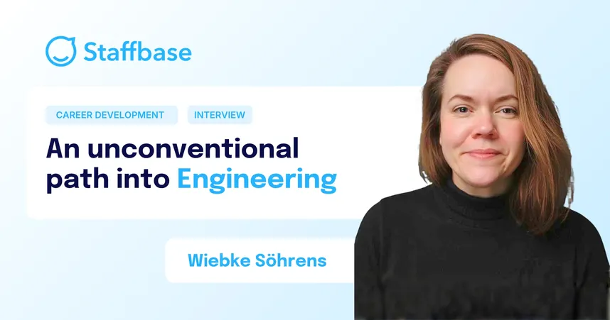 Staffbase blog header for an interview titled "From politics to engineering manager: how Wiebke Söhrens found her way into tech" with Wiebke Söhrens, tagged Career Development and Interview.