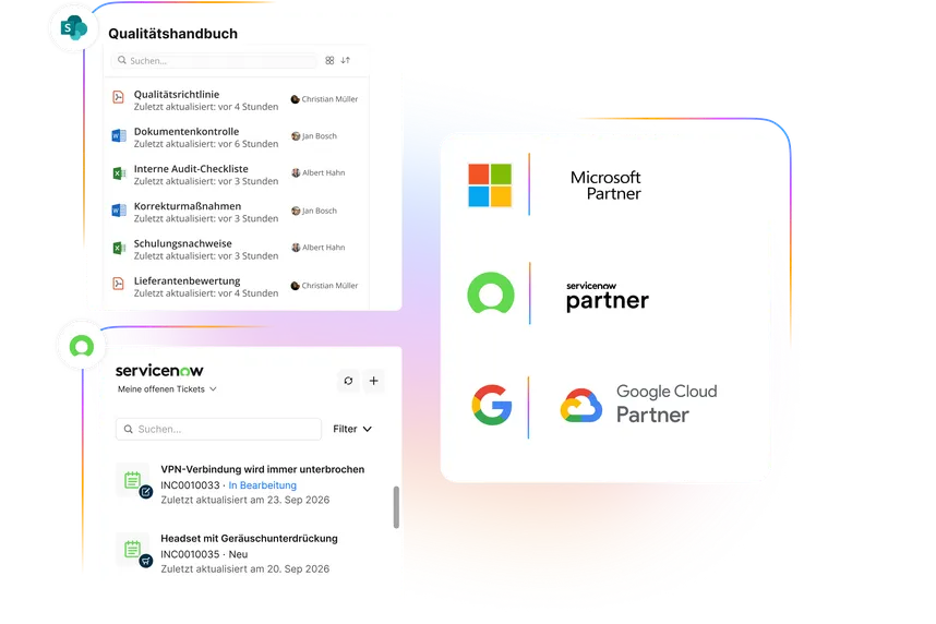 Darstellung von Integrationen in die Plattform, aufgeteilt in drei Kacheln. Links oben: Suche im "Qualitätshandbuch" mit Dokumenten wie "Qualitätsrichtlinie" und "Schulungsnachweise". Links unten: ServiceNow-Widget mit offenen Tickets (z. B. "VPN-Verbindung wird immer unterbrochen"). Rechts: Logos der Technologiepartner Microsoft Partner, ServiceNow Partner und Google Cloud Partner.