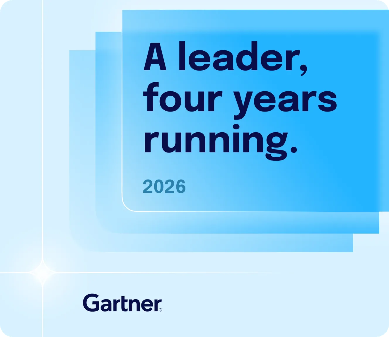 Gartner badge for Staffbase 2026: “A leader, four years running” on a blue gradient background with the Gartner logo