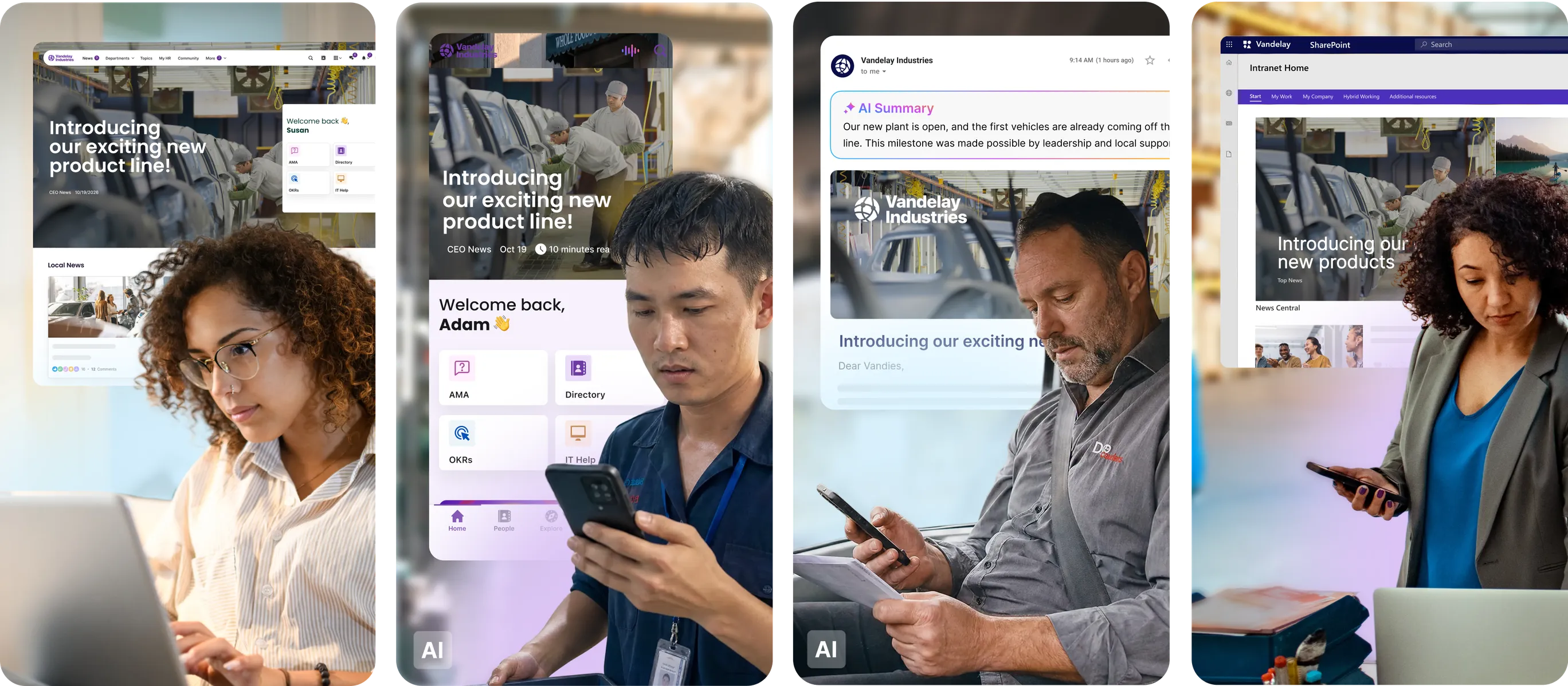 Employees reading company news on a laptop, mobile app, email with an AI summary and SharePoint, all delivered through Staffbase Studio Publisher.