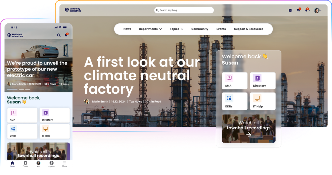A website and mobile app interface showcasing a climate-neutral factory, featuring news updates, a welcome message, and various navigation options.
