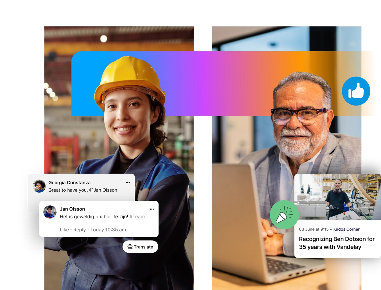 A woman in a hard hat and a man with glasses are shown with social media comments and a recognition post overlay.