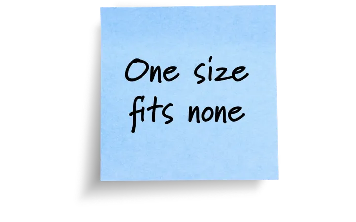 Blue sticky note reading "One size fits none," describing the One Size Fits None archetype.