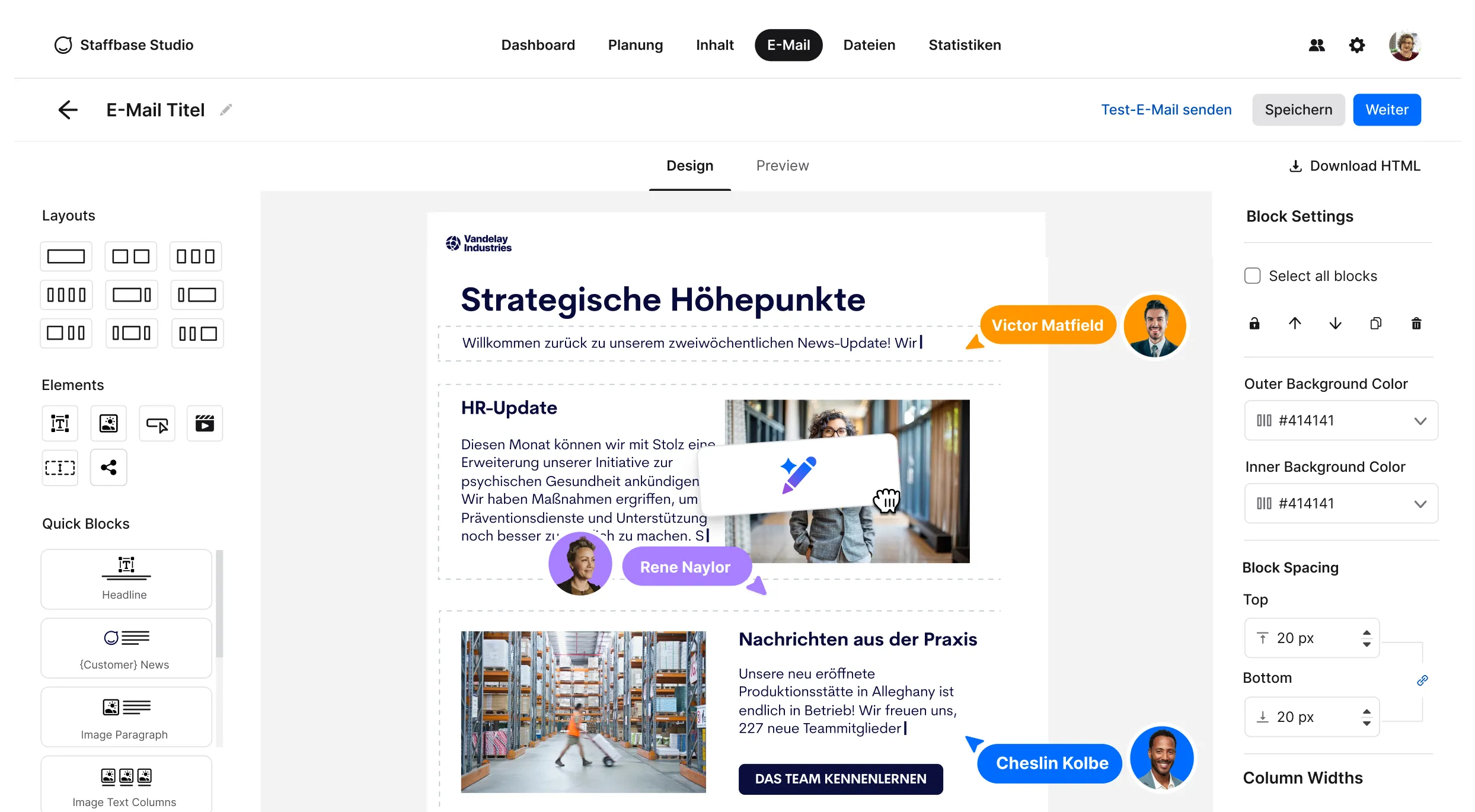 Screenshot der Design-Ansicht des Staffbase Studio E-Mail Builders. Die Bearbeitung eines Newsletters ("Strategische Höhepunkte") wird gezeigt, mit einer Seitenleiste für Layouts und Elemente. Überlagerungen deuten auf kollaborative Bearbeitung (Victor Matfield, Rene Naylor, Cheslin Kolbe) hin.