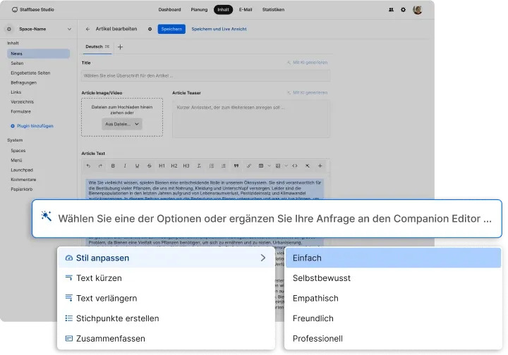 Screenshot des Staffbase Studio Editors mit geöffnetem KI-Companion-Menü. Zu sehen sind Bearbeitungsoptionen wie „Stil anpassen", „Text kürzen", „Text verlängern", „Stichpunkte erstellen" und „Zusammenfassen" sowie eine Auswahl an Schreibstilen: Einfach, Selbstbewusst, Empathisch, Freundlich und Professionell.
