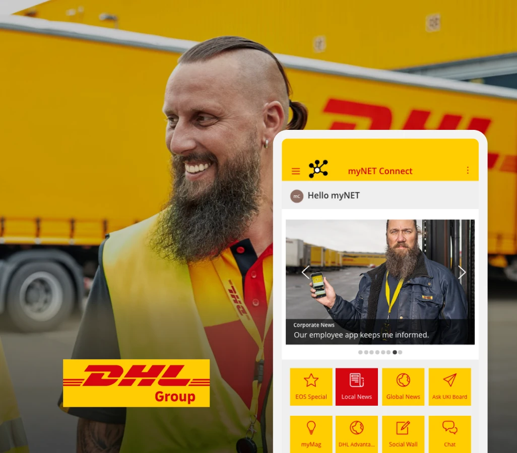 Smiling man with a beard in DHL uniform next to a smartphone displaying the myNET app interface, with a DHL truck in the background.