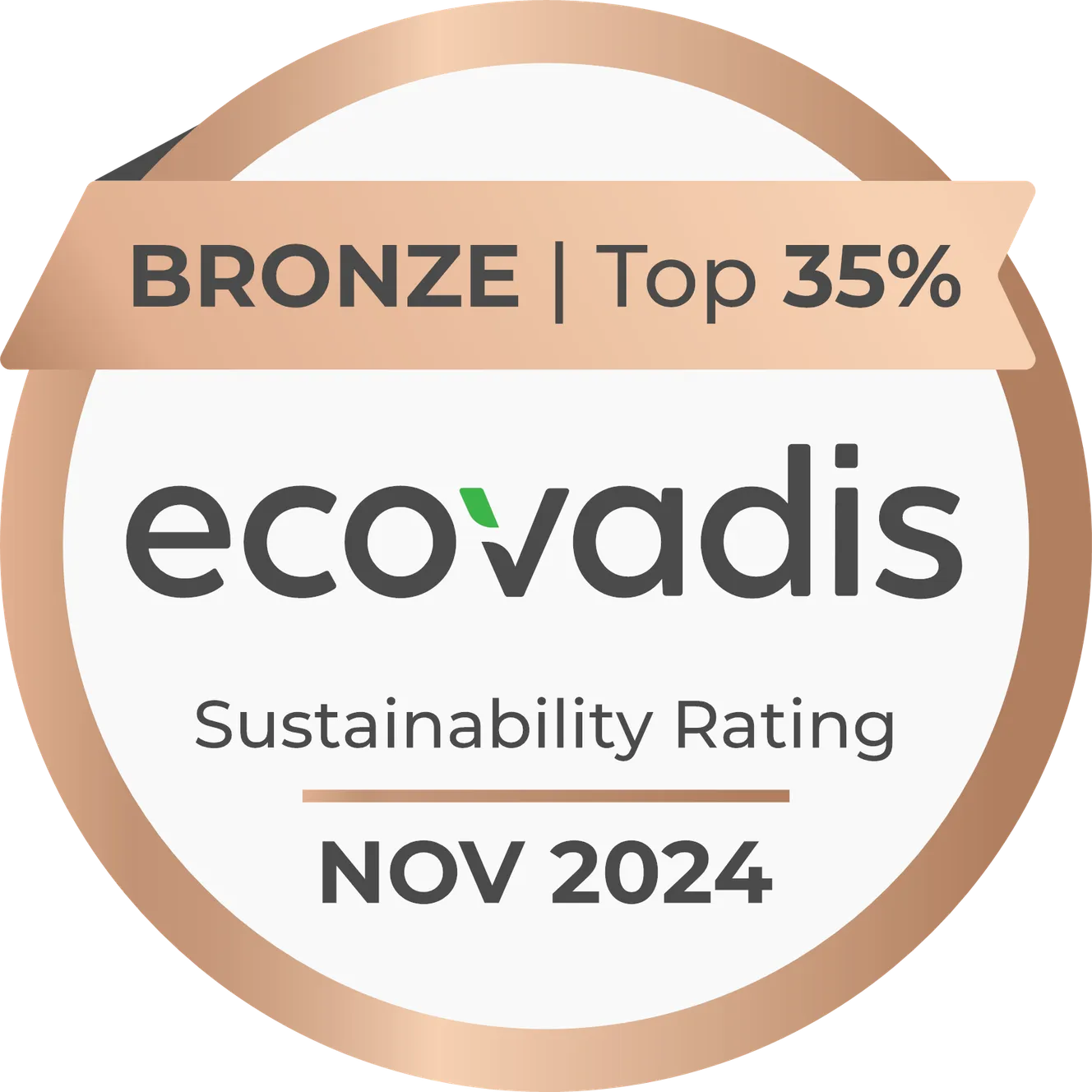 Bronze EcoVadis Sustainability Rating badge for November 2024, indicating a top 35% ranking.